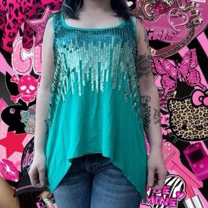 vtg y2k 6 degrees of separation sequin hi-low asymmetric racerback tank, sz lg